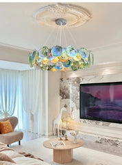 Iridescent Glass Disc Cascade Chandelier with Chrome Frame