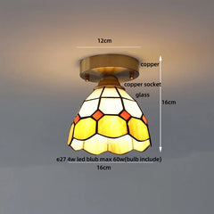Ceiling light fixture with stained glass shade and measurements on a gray background