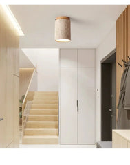 Stone Cylinder Pendant Light with Wood Accent and Natural Texture