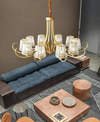Gold Floral Crystal Chandelier with Fluted Glass Shades