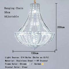 Chandelier with dimensions and material details on a gray background