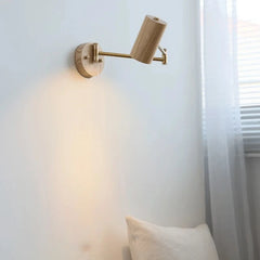 Adjustable Brass Swing Arm Sconce with Natural Wood Cylinder Shade