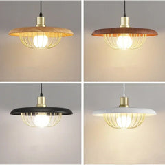 Wood Finish Drum Pendant Light with Brass Gold Wire Cage Shade