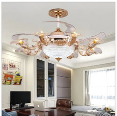 Gold Floral Fan Light with Clear Petal Shades and Rose Accents
