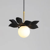 Pendant light with leaf-like design on a gray background