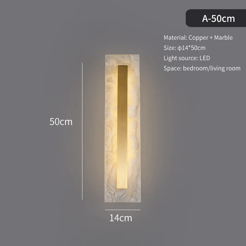 Wall-mounted light fixture with dimensions and material details on a dark background