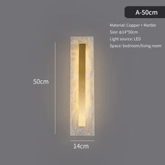 Wall-mounted light fixture with dimensions and material details on a dark background