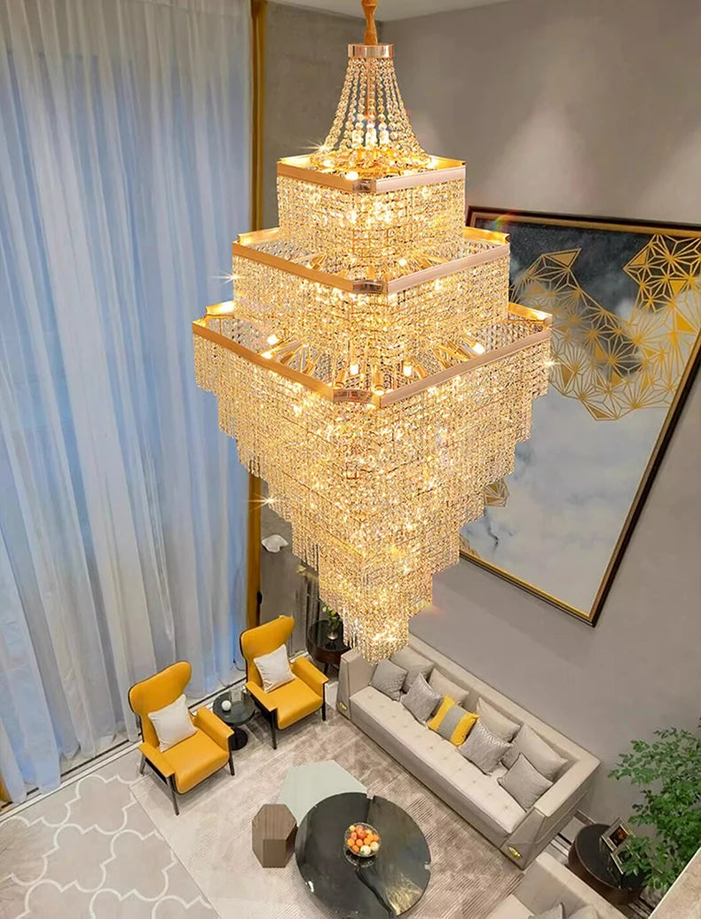 Luxurious chandelier in a living room setting with furniture and decor.