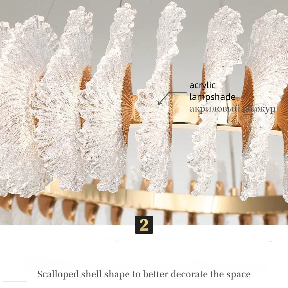 Chandelier with scalloped shell design acrylic lampshade on a gray background