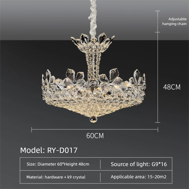 Crystal chandelier with dimensions and specifications on a dark background