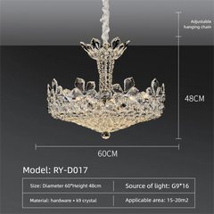 Crystal chandelier with dimensions and specifications on a dark background