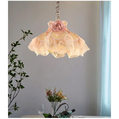 Pink Fabric Rose Flower Dress Pendant Light with Lace Ruffles