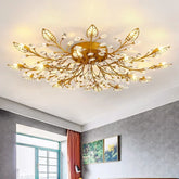 Gold crystal leaf semi-flush ceiling light fixture with warm lighting in a bedroom