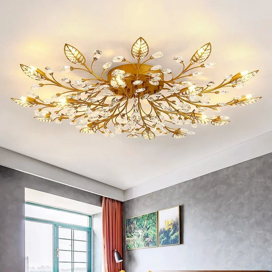 Gold crystal leaf semi-flush ceiling light fixture with warm lighting in a bedroom