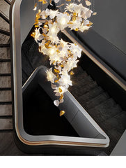 Gold Petal & White Flower Chandelier with Cascading Design