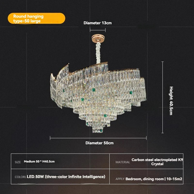 Chandelier with dimensions and specifications on a black background