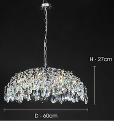 Crystal pendant light with dimensions on a black background