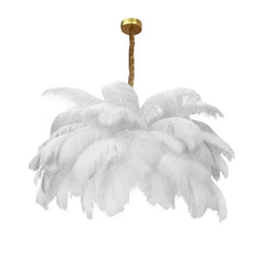Feathered chandelier with a gold fixture on a white background