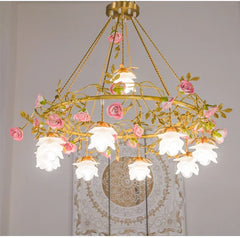 Gold Metal Chandelier With Pink Rose Ceramic Flowers & Frosted Glass Shades