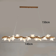 Chandelier with floral design and measurement labels on a plain background