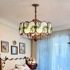 Bronze Chandelier with Frosted Glass and Green Leaf Floral Accents