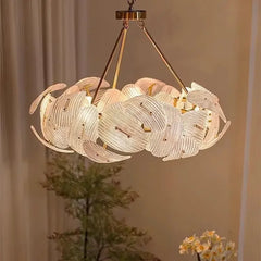 Woven Gold Pendant Light with Clear Petal Accents