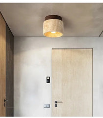 Stone Cylinder Pendant Light with Wood Accent and Natural Texture