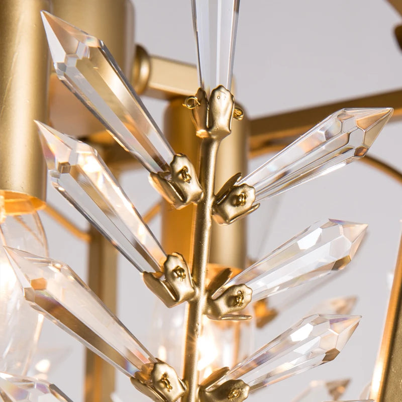 Close-up of a gold and crystal chandelier