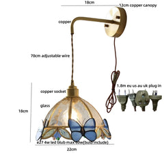 Detailed measurement chart of a decorative lamp with labeled parts and plug types.