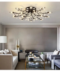 Gold Crystal Leaf Semi-Flush Mount Light with Branch Accents