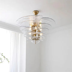 Glass Leaf Tiered Chandelier Polished Copper Floral Pendant Light