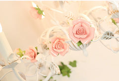 White Iron Chandelier with Pink Rose Buds and Green Leaves