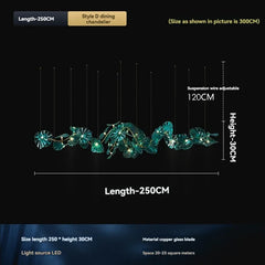 Chandelier with dimensions and specifications on a black background