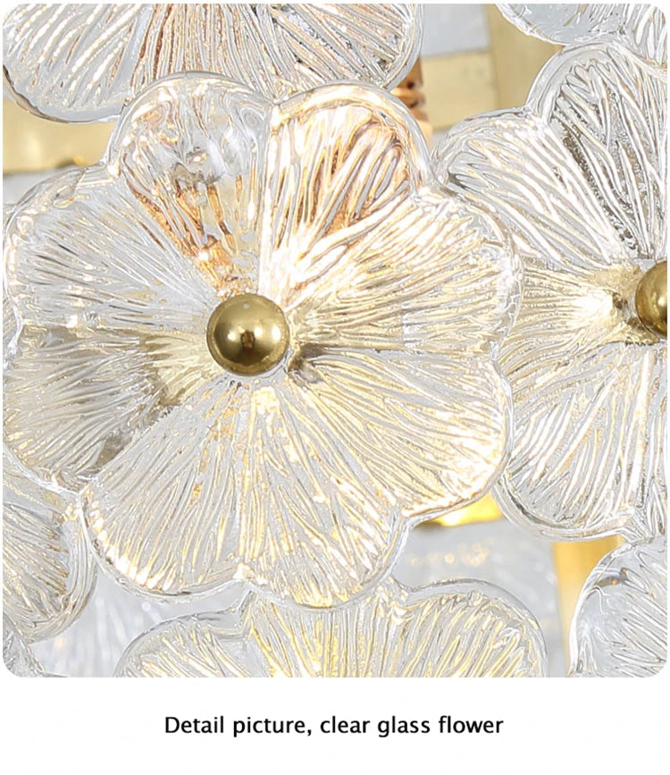 Close-up of a clear glass flower with gold accents on a white background