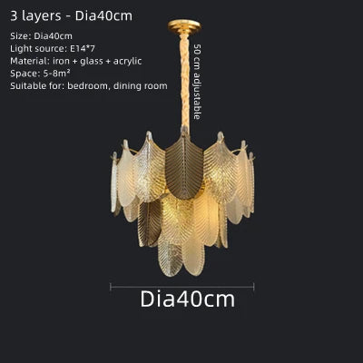 Gold leaf chandelier with specifications on a white background