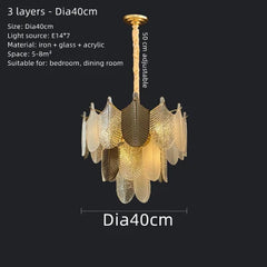 Gold leaf chandelier with specifications on a white background