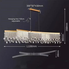 Chandelier with dimensions and hanging line length on a dark background