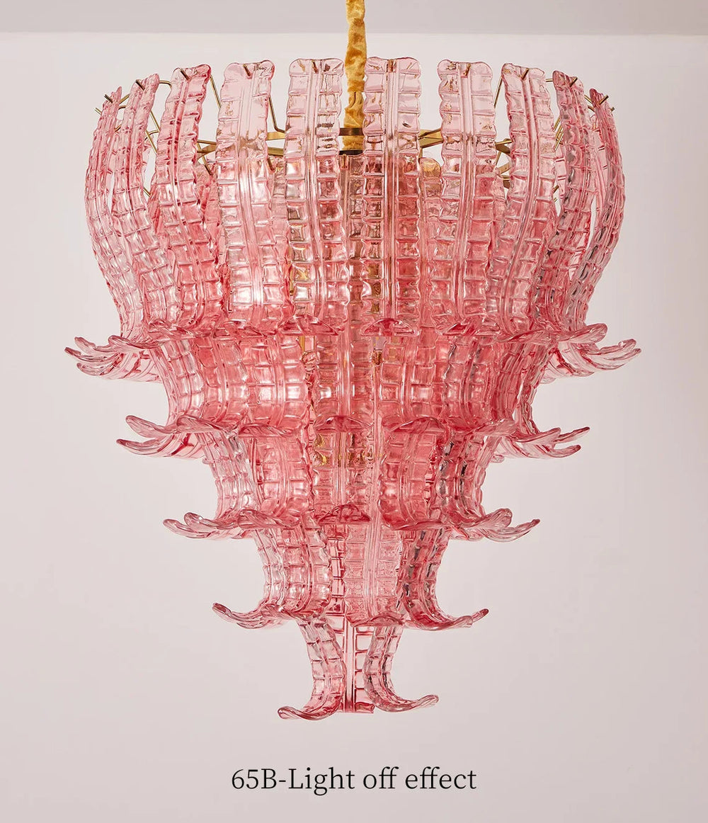 Pink glass chandelier on a light gray background