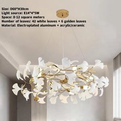 Gold Metal Ginkgo Leaf Pendant Chandelier with White Ceramic Flowers
