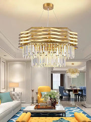 Gold Geometric Crystal Tiered Chandelier Hanging Ceiling Light Fixture