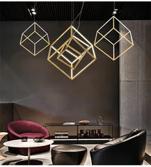 Modern interior with geometric pendant lights and stylish furniture.