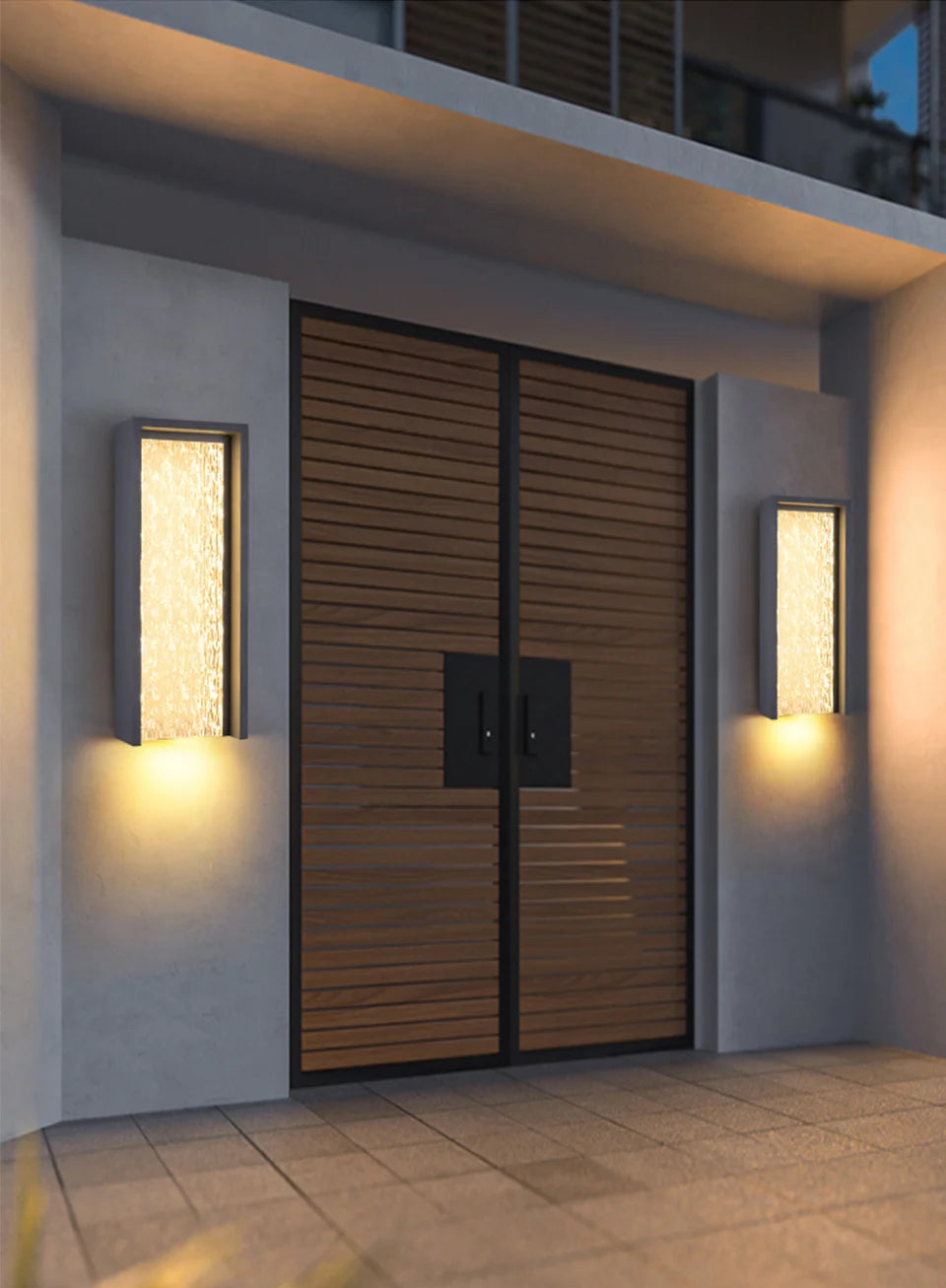 Modern wooden gate with wall-mounted lights on a building facade