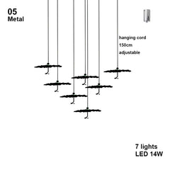 Diagram of a metal pendant light fixture with hanging cord and LED lights.