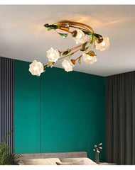 Gold Floral Semi-Flush Ceiling Light with Glass Shades