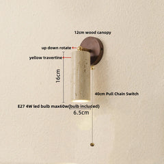Wall-mounted light fixture with measurements and features labeled on a beige wall.