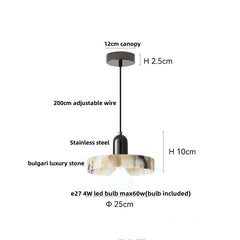 Measurement chart of a pendant light with details on canopy, wire length, stone type, and bulb information.