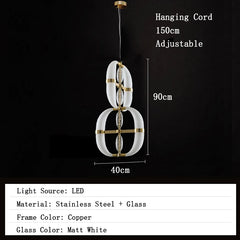 Pendant light with dimensions and material details on a black background