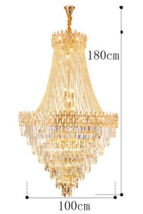 Gold chandelier with measurements on a white background