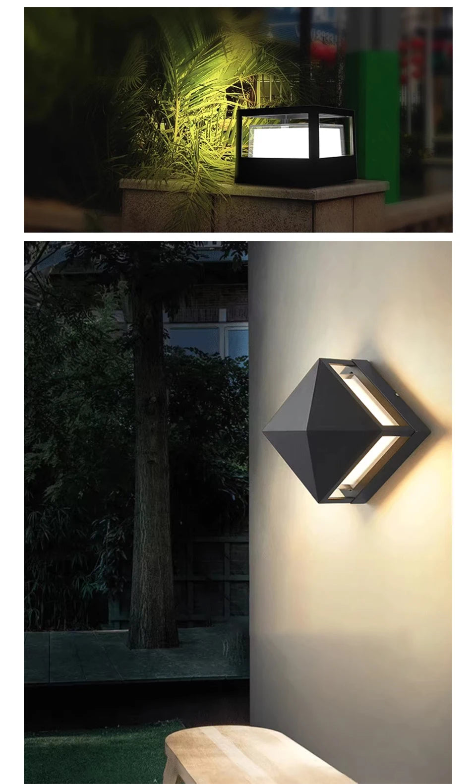 Outdoor wall light fixture in use, illuminating a garden and a building corner.
