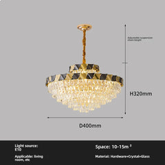 Tiered Crystal Chandelier with Gold Metal Frame and Geometric Accents
